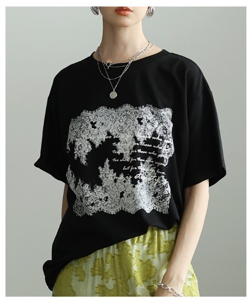 Sawa a la mode(サワアラモード)の「レース柄フロッキープリントTシャツ(Tシャツ/カットソー・レディース・ブラック/オフホワイト・FREE)」の18枚目の写真