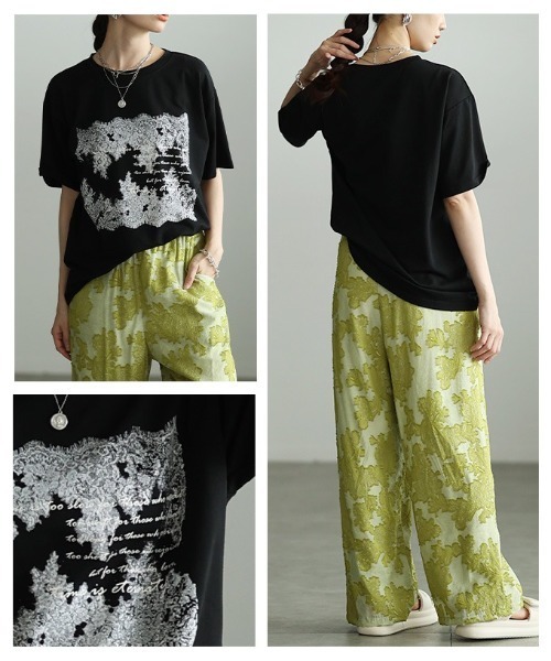Sawa a la mode(サワアラモード)の「レース柄フロッキープリントTシャツ(Tシャツ/カットソー・レディース・ブラック/オフホワイト・FREE)」の20枚目の写真