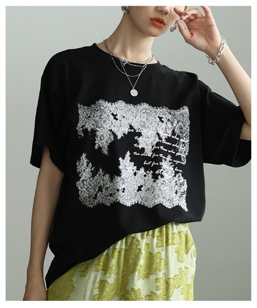 Sawa a la mode(サワアラモード)の「レース柄フロッキープリントTシャツ(Tシャツ/カットソー・レディース・ブラック/オフホワイト・FREE)」の22枚目の写真