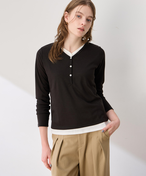 LE SOUK HOLIDAY（ルスークホリデー）の「ヘンリーネックレイヤード風カットプルオーバー（Tシャツ/カットソー・レディース・ダークブラウン/ブラック・M/L）」の11枚目の写真