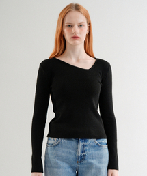 Diagonal Neck Line Ribbed Knit (Black)