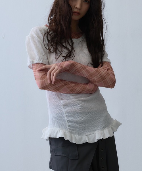 Clum(クルム)の「sheer check mesh tops / シアーチェックメッシュトップス(Tシャツ/カットソー・レディース・レッド・FREE)」の2枚目の写真