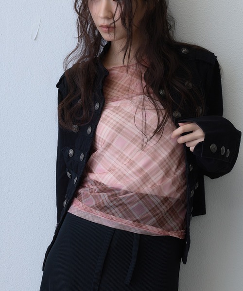 Clum(クルム)の「sheer check mesh tops / シアーチェックメッシュトップス(Tシャツ/カットソー・レディース・レッド・FREE)」の3枚目の写真