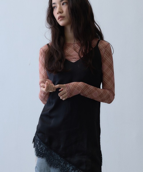 Clum(クルム)の「sheer check mesh tops / シアーチェックメッシュトップス(Tシャツ/カットソー・レディース・レッド・FREE)」の7枚目の写真