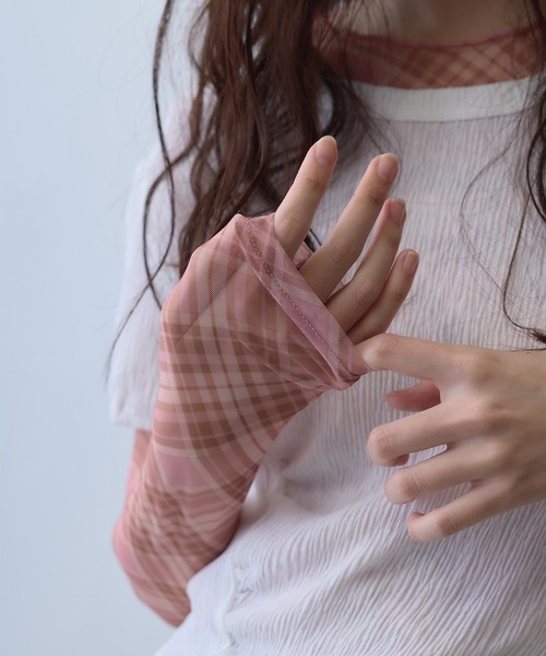 Clum(クルム)の「sheer check mesh tops / シアーチェックメッシュトップス(Tシャツ/カットソー・レディース・レッド・FREE)」の5枚目の写真