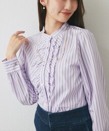 【お上品ストライプ】ストライプフロントフリルブラウス
