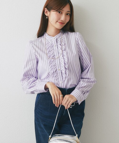 La boutique BonBon（ラブティックボンボン）の「【お上品ストライプ】ストライプフロントフリルブラウス（シャツ/ブラウス・レディース・サックスブルー/ライトベージュ/バイオレット・FREE）」の15枚目の写真
