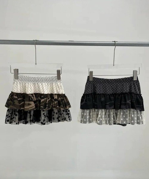 shyam inspiration(シャムインスピレーション)の「マルチパターン3段ティアードスカート/ドット/迷彩/カモフラ/スター/チュール(スカート・レディース・アイボリー/チャコールグレー・F)」の3枚目の写真