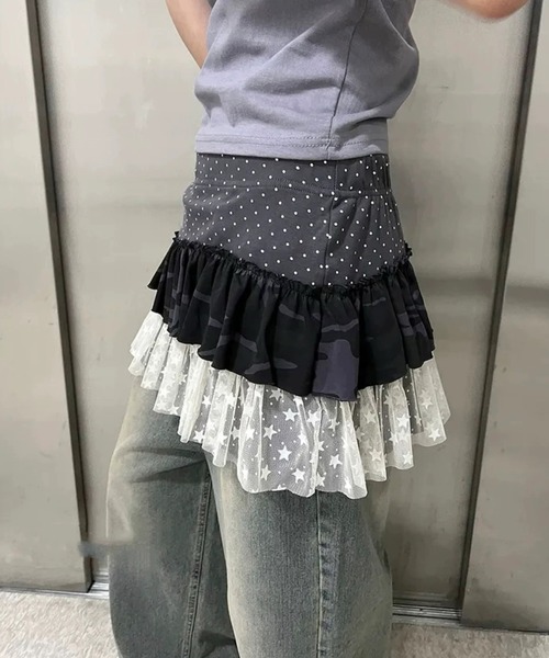 shyam inspiration(シャムインスピレーション)の「マルチパターン3段ティアードスカート/ドット/迷彩/カモフラ/スター/チュール(スカート・レディース・アイボリー/チャコールグレー・F)」の5枚目の写真