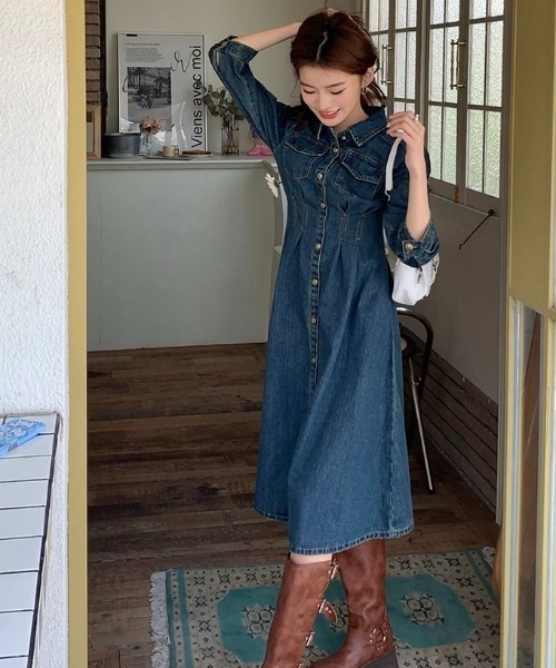 FAVORITO（ファヴォリート）の「デニム襟付きワンピース（ワンピース・レディース・ブルー・L/XL/S/M）」の4枚目の写真