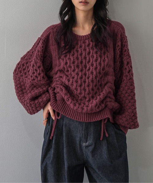 AMELY(エミリー)の「ドロストデザイン ニットトップス/透かし編み/フロントドロスト(ニット/セーター・レディース・モカ/オフホワイト/ボルドー/ブルーグレー/ブラック・フリー)」の5枚目の写真