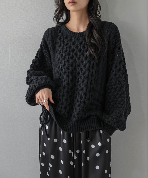 AMELY(エミリー)の「ドロストデザイン ニットトップス/透かし編み/フロントドロスト(ニット/セーター・レディース・モカ/オフホワイト/ボルドー/ブルーグレー/ブラック・フリー)」の1枚目の写真