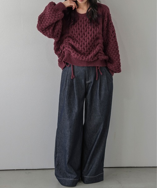 AMELY(エミリー)の「ドロストデザイン ニットトップス/透かし編み/フロントドロスト(ニット/セーター・レディース・モカ/オフホワイト/ボルドー/ブルーグレー/ブラック・フリー)」の18枚目の写真