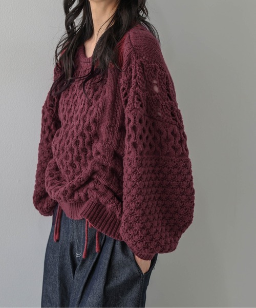 AMELY(エミリー)の「ドロストデザイン ニットトップス/透かし編み/フロントドロスト(ニット/セーター・レディース・モカ/オフホワイト/ボルドー/ブルーグレー/ブラック・フリー)」の19枚目の写真