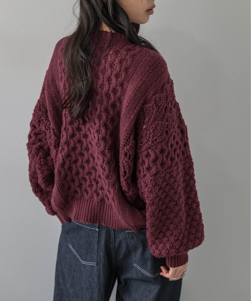 AMELY(エミリー)の「ドロストデザイン ニットトップス/透かし編み/フロントドロスト(ニット/セーター・レディース・モカ/オフホワイト/ボルドー/ブルーグレー/ブラック・フリー)」の20枚目の写真