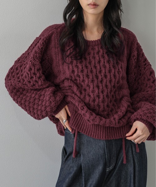 AMELY(エミリー)の「ドロストデザイン ニットトップス/透かし編み/フロントドロスト(ニット/セーター・レディース・モカ/オフホワイト/ボルドー/ブルーグレー/ブラック・フリー)」の21枚目の写真