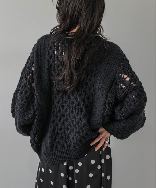 AMELY(エミリー)の「ドロストデザイン ニットトップス/透かし編み/フロントドロスト(ニット/セーター・レディース・モカ/オフホワイト/ボルドー/ブルーグレー/ブラック・フリー)」の8枚目の写真