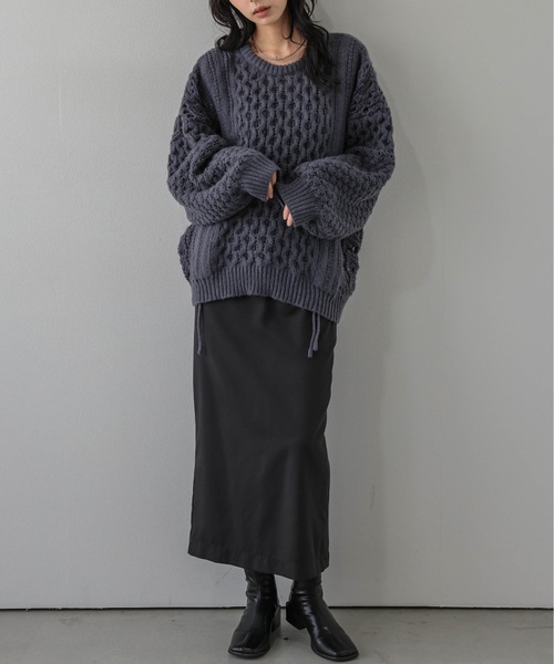 AMELY(エミリー)の「ドロストデザイン ニットトップス/透かし編み/フロントドロスト(ニット/セーター・レディース・モカ/オフホワイト/ボルドー/ブルーグレー/ブラック・フリー)」の10枚目の写真