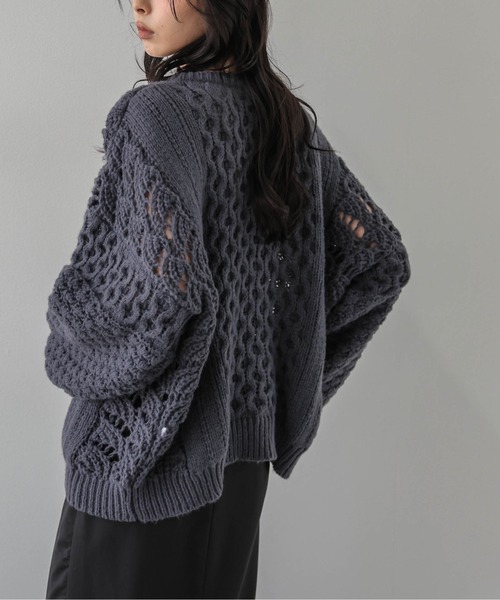 AMELY(エミリー)の「ドロストデザイン ニットトップス/透かし編み/フロントドロスト(ニット/セーター・レディース・モカ/オフホワイト/ボルドー/ブルーグレー/ブラック・フリー)」の11枚目の写真