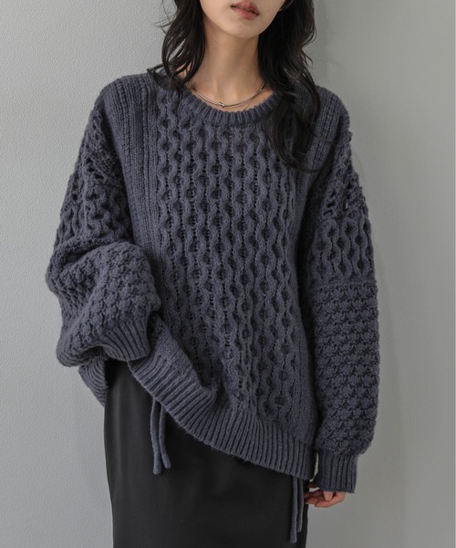 AMELY(エミリー)の「ドロストデザイン ニットトップス/透かし編み/フロントドロスト(ニット/セーター・レディース・モカ/オフホワイト/ボルドー/ブルーグレー/ブラック・フリー)」の12枚目の写真