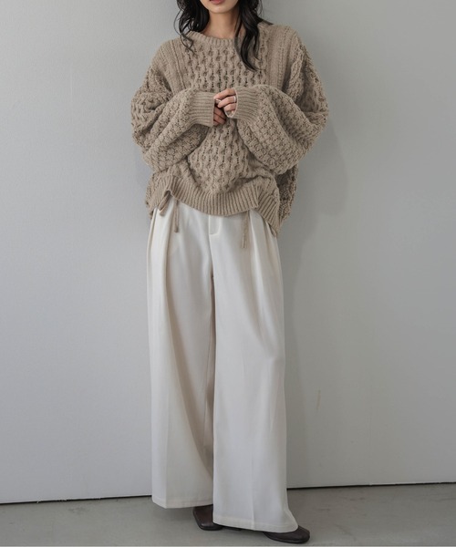 AMELY(エミリー)の「ドロストデザイン ニットトップス/透かし編み/フロントドロスト(ニット/セーター・レディース・モカ/オフホワイト/ボルドー/ブルーグレー/ブラック・フリー)」の14枚目の写真