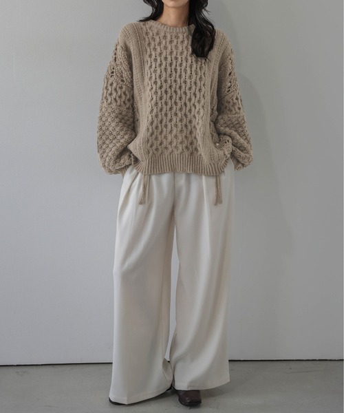 AMELY(エミリー)の「ドロストデザイン ニットトップス/透かし編み/フロントドロスト(ニット/セーター・レディース・モカ/オフホワイト/ボルドー/ブルーグレー/ブラック・フリー)」の15枚目の写真