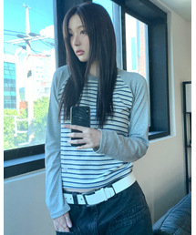 Hストライプ ラグラン長袖Tシャツ(グレー)
