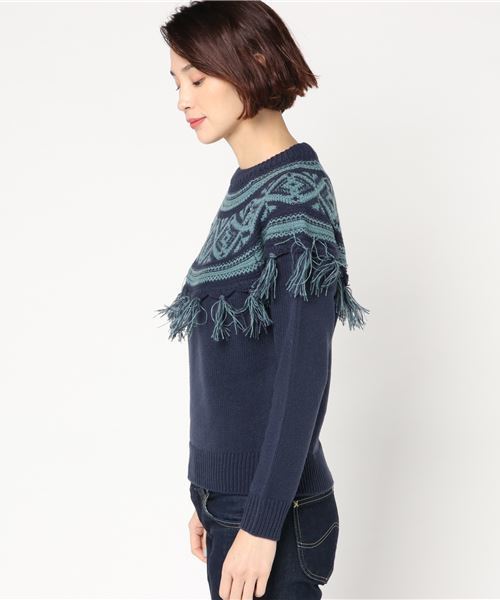 N.（N. Natural Beauty Basic）（エヌエヌナチュラルビューティーベーシック）の「フリンジジャガードニット（ニット/セーター・レディース・グレー系その他/ダークネイビー・MEDIUM）」の9枚目の写真