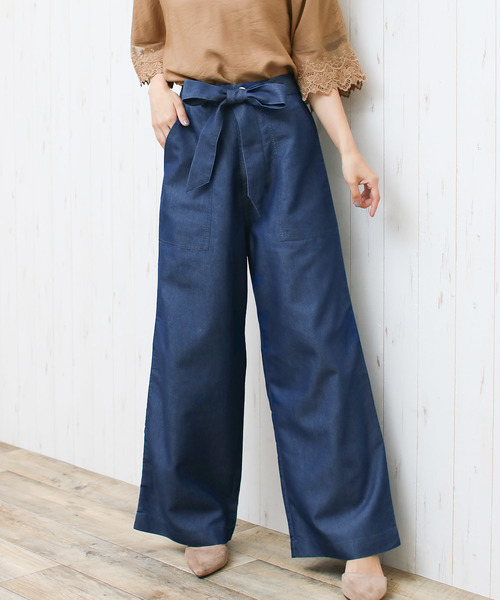 Social GIRL（ソーシャルガール）の「ハイウエストリボンベルトワイドパンツ（その他パンツ・レディース・ライトブルー/インディゴブルー/カーキ/オフホワイト/ネイビー/ベージュ/グレイッシュベージュ/キナリ/ブラック/グリーン/アイボリー・M/L/LL/S）」の11枚目の写真