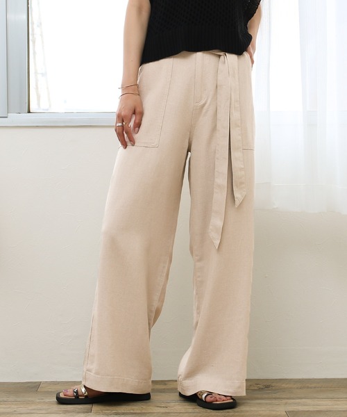 Social GIRL（ソーシャルガール）の「ハイウエストリボンベルトワイドパンツ（その他パンツ・レディース・ライトブルー/インディゴブルー/カーキ/オフホワイト/ネイビー/ベージュ/グレイッシュベージュ/キナリ/ブラック/グリーン/アイボリー・M/L/LL/S）」の4枚目の写真