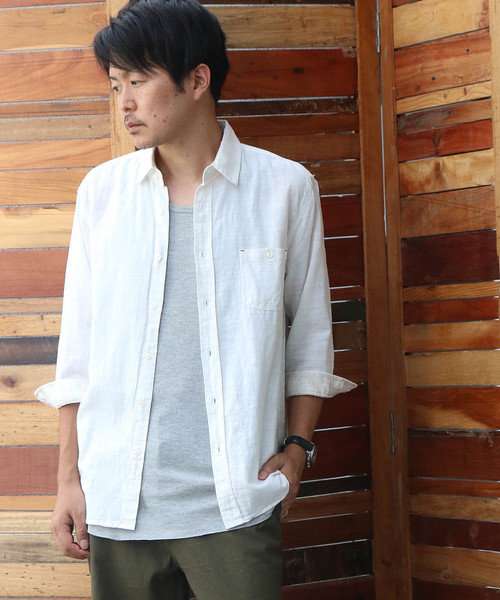 Confirm（コンファーム）の「Confirm / コンファーム コットンリネンスラブ7分袖シャツ（シャツ/ブラウス・メンズ・ホワイト/パープル/ネイビー/サックスブルー/オレンジ・M/L/XL）」の2枚目の写真