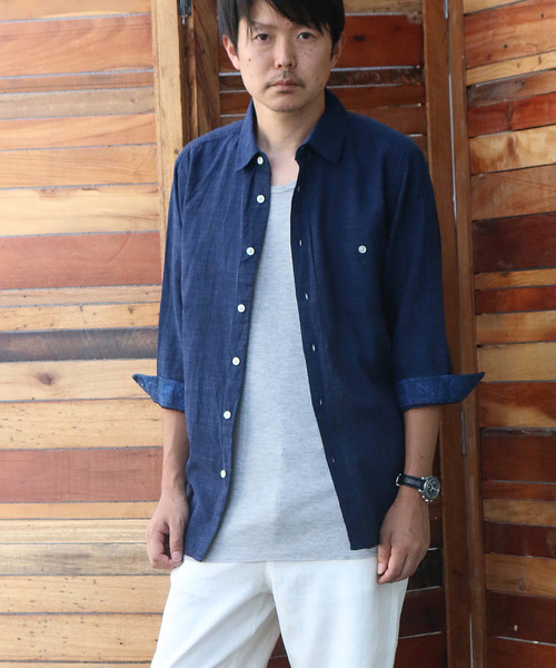 Confirm（コンファーム）の「Confirm / コンファーム コットンリネンスラブ7分袖シャツ（シャツ/ブラウス・メンズ・ホワイト/パープル/ネイビー/サックスブルー/オレンジ・M/L/XL）」の20枚目の写真