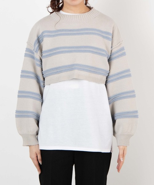 WEGO（ウィゴー）の「WEGO/ボーダーショートニット（ニット/セーター・レディース・ライトグレー/ブルー・FREE）」の9枚目の写真