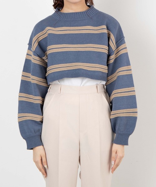 WEGO（ウィゴー）の「WEGO/ボーダーショートニット（ニット/セーター・レディース・ライトグレー/ブルー・FREE）」の8枚目の写真