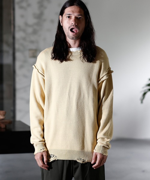 a lit r(ア リトル)の「mn2368- ダメージニット(ニット/セーター・メンズ・ブラック/カーキ/ベージュ・L/M/S)」の4枚目の写真