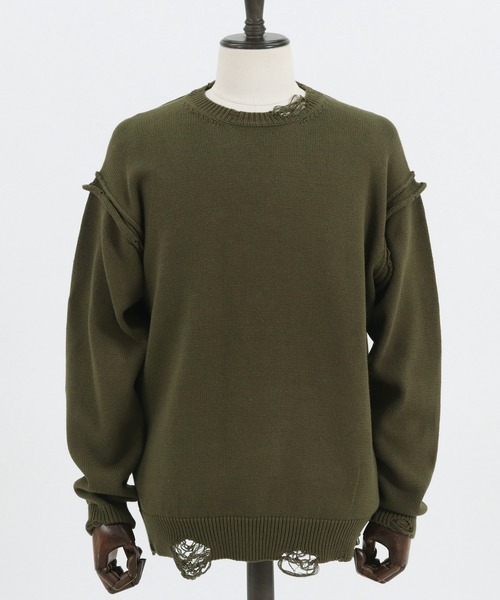 a lit r(ア リトル)の「mn2368- ダメージニット(ニット/セーター・メンズ・ブラック/カーキ/ベージュ・L/M/S)」の17枚目の写真