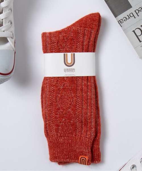 UNIVERSAL OVERALL（ユニバーサルオーバーオール）の「【UNIVERSAL OVERALL】ケーブル編み クルー丈 ソックス LU-004/LU-407（ソックス/靴下・メンズ・ブラック/ピンク/イエロー/オレンジ/グリーン/グレイッシュベージュ・S/M）」の6枚目の写真