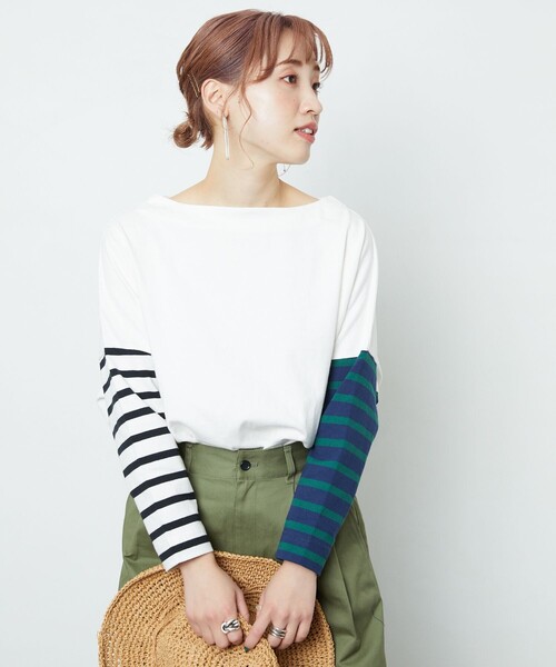 FREAK'S STORE(フリークスストア)の「▽【WEB限定】バスクTシャツ(Tシャツ/カットソー・レディース・ホワイト/ブラック系その他/ブラック×パープル/ホワイト×ブラック/グレー×ホワイト/ネイビー×ホワイト/ベージュ系その他/ネイビー系1/ブラック/ネイビー系2/ベージュ×ブラック/ホワイト系その他/ラベンダー/オレンジ/ダークネイビー・フリ-)」の1枚目の写真