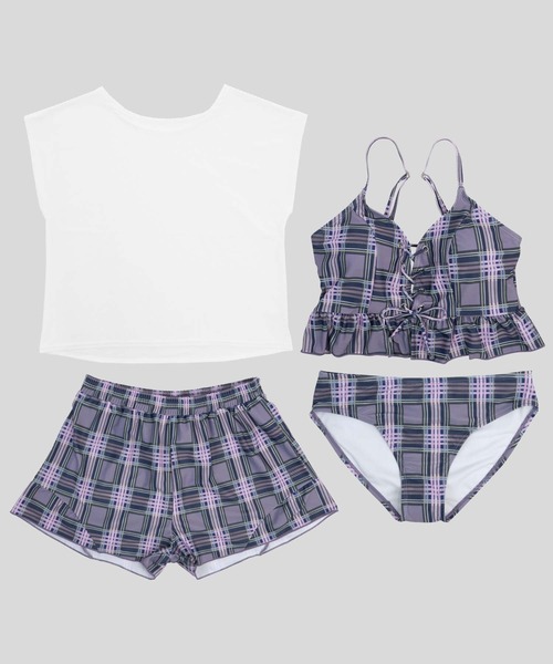 レースアップ×フリル ビキニ 4点セット 水着 セットアップ