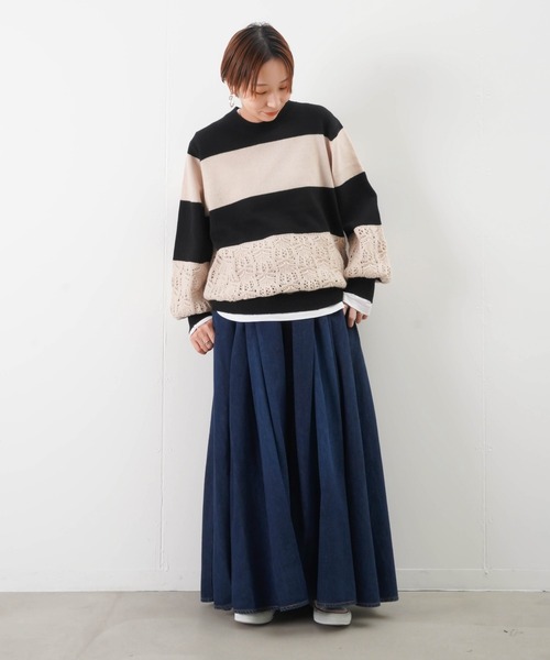 blanc basque(ブランバスク)の「BLANC basque ブランバスク 太透かし編みボーダーニット(ニット/セーター・レディース・ターコイズブルー/ブラック・38)」の3枚目の写真