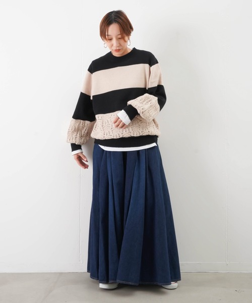 blanc basque(ブランバスク)の「BLANC basque ブランバスク 太透かし編みボーダーニット(ニット/セーター・レディース・ターコイズブルー/ブラック・38)」の10枚目の写真