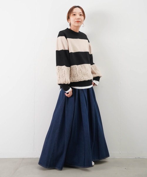 blanc basque(ブランバスク)の「BLANC basque ブランバスク 太透かし編みボーダーニット(ニット/セーター・レディース・ターコイズブルー/ブラック・38)」の13枚目の写真