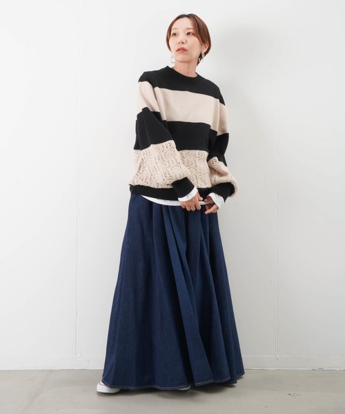 blanc basque(ブランバスク)の「BLANC basque ブランバスク 太透かし編みボーダーニット(ニット/セーター・レディース・ターコイズブルー/ブラック・38)」の8枚目の写真