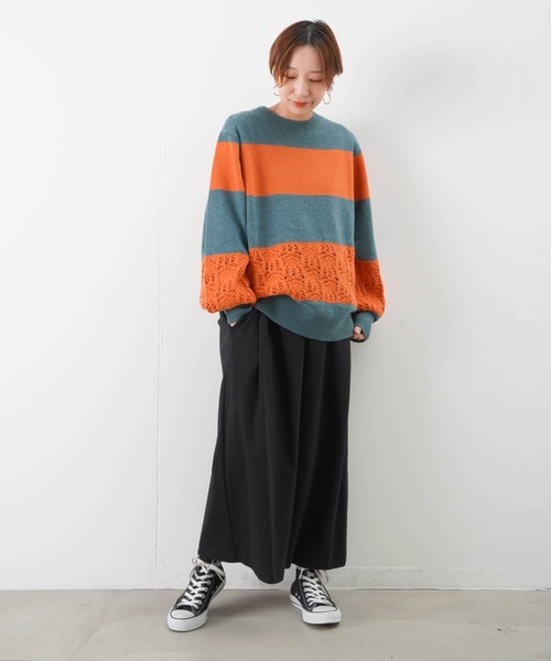 blanc basque(ブランバスク)の「BLANC basque ブランバスク 太透かし編みボーダーニット(ニット/セーター・レディース・ターコイズブルー/ブラック・38)」の9枚目の写真
