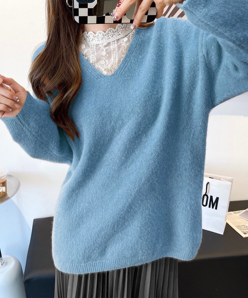 me+em select（ミームセレクト）の「Vネックオーバーサイズニット（ニット/セーター・レディース・ベージュ/グレー/ブルー/モカ・FREE）」の4枚目の写真