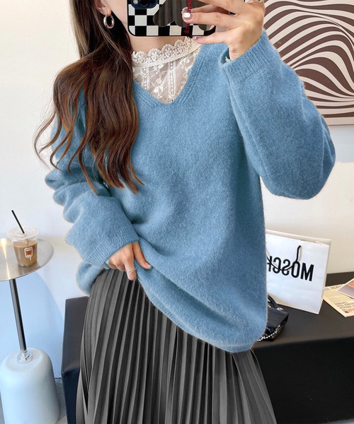 me+em select（ミームセレクト）の「Vネックオーバーサイズニット（ニット/セーター・レディース・ベージュ/グレー/ブルー/モカ・FREE）」の10枚目の写真