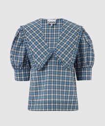 Seersucker Check V-neck Ruffle Blouse