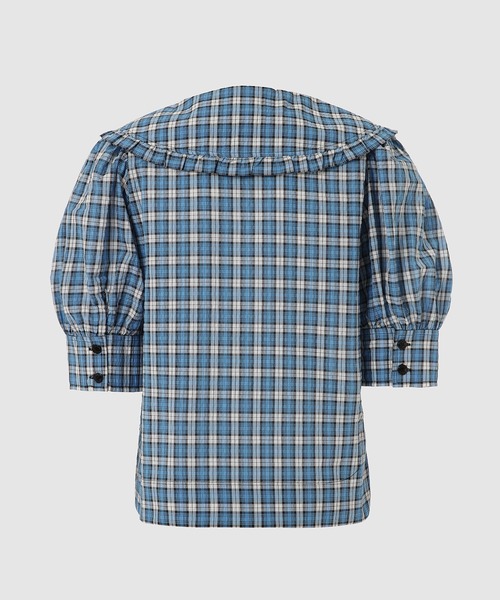 GANNI(ガニー)の「Seersucker Check V-neck Ruffle Blouse(シャツ/ブラウス・レディース・ブルー系その他・38/36/34)」の2枚目の写真