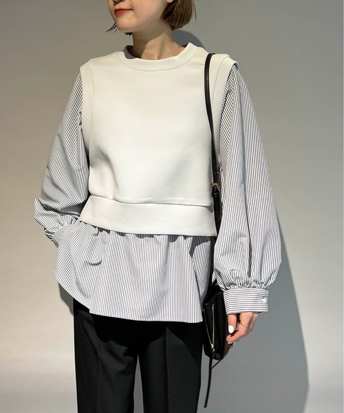 PICCIN（ピッチン）の「ストライプ切り替えダンボールニットプルオーバー（Tシャツ/カットソー・レディース・オフホワイト/ライトグレー・M）」の2枚目の写真