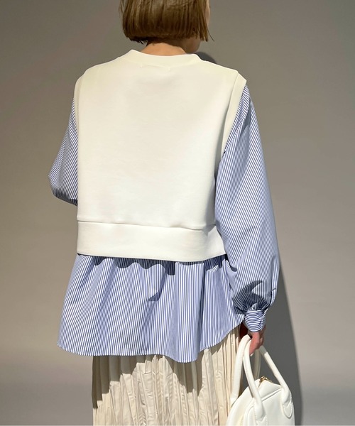PICCIN（ピッチン）の「ストライプ切り替えダンボールニットプルオーバー（Tシャツ/カットソー・レディース・オフホワイト/ライトグレー・M）」の4枚目の写真